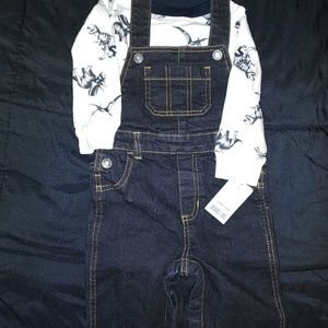 Toddler jean overalls with dinosaur shirt